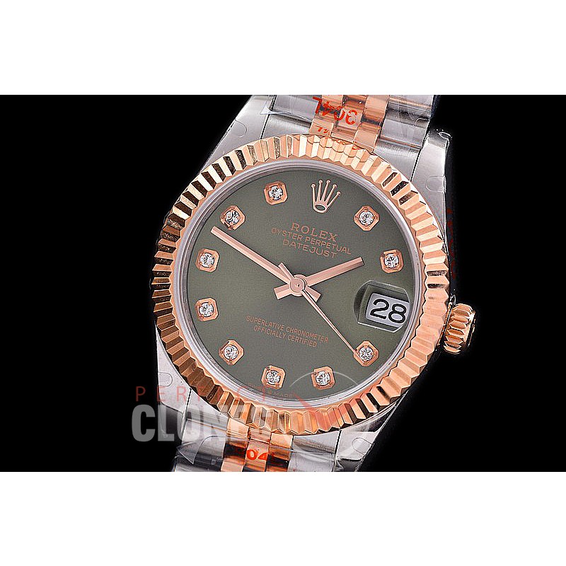 R31DJTR-119 GMF 904 Steel Datejust Midsize 278271 SS/RG Fluted/Jubilee Olive Green Diamonds Asian Clone 2824