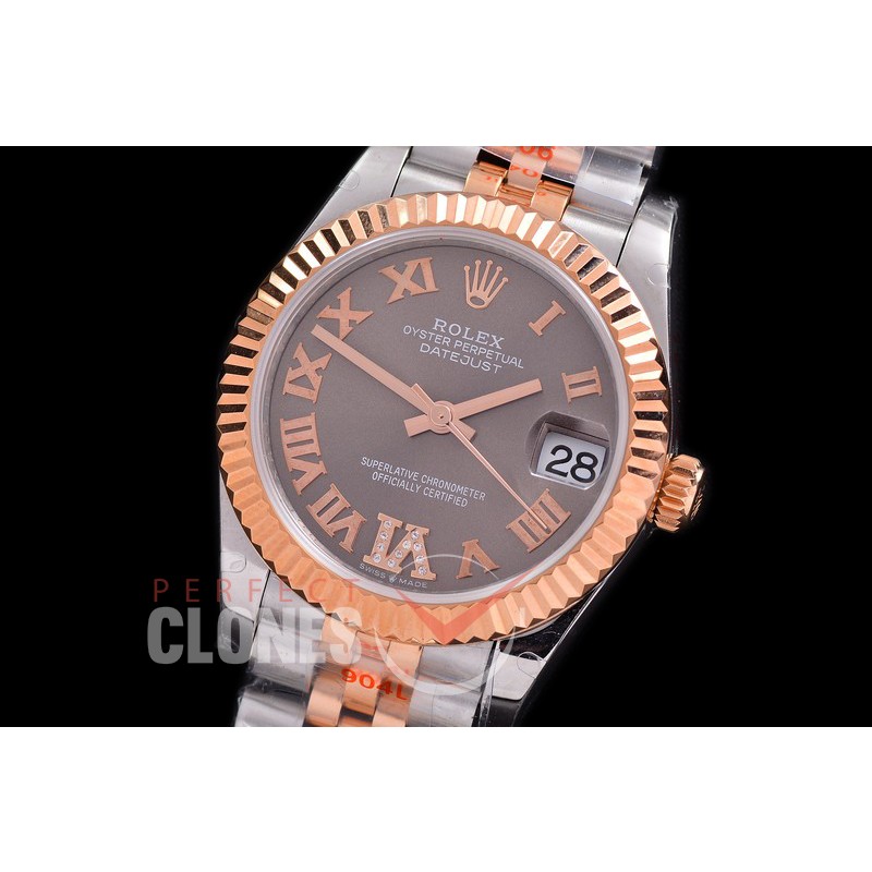 R31DJTR-125 GMF 904 Steel Datejust Midsize 278271 SS/RG Fluted/Jubilee Dark Rhodium Grey Roman-Diamonds Asian Clone 2824