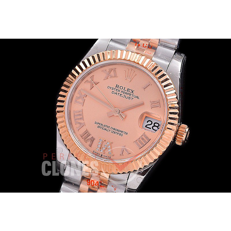 R31DJTR-128 GMF 904 Steel Datejust Midsize 278271 SS/RG Fluted/Jubilee Rose Gold Roman-Diamonds Asian Clone 2824