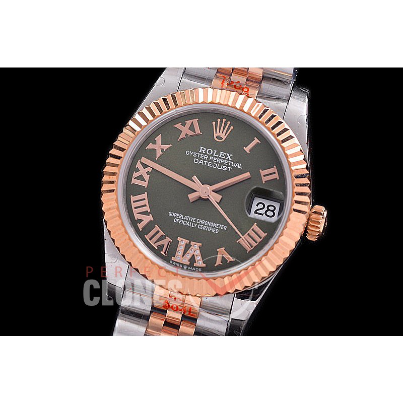 R31DJTR-130 GMF 904 Steel Datejust Midsize 278271 SS/RG Fluted/Jubilee Olive Green Roman-Diamonds Asian Clone 2824