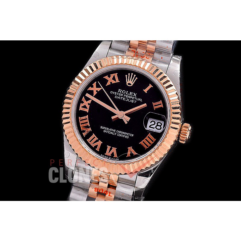 R31DJTR-142 GMF 904 Steel Datejust Midsize 278271 SS/RG Fluted/Jubilee Black Roman Asian Clone 2824