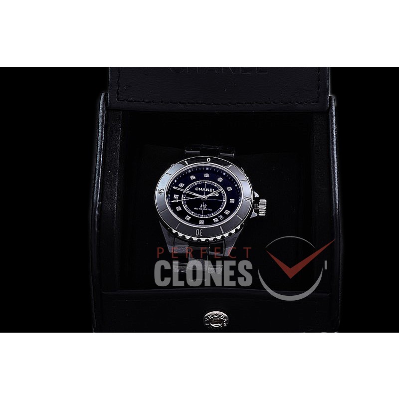 0 0 CHA-38-207 BVF New J12 H5705 CER/CER Black Diamonds Japanese Miyota 9015 Mod to Chanel Calibre 12.1