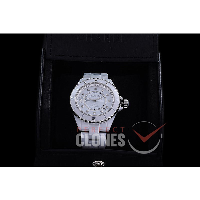 0 0 CHA-38-206 BVF New J12 H5705 CER/CER White Diamonds Japanese Miyota 9015 Mod to Chanel Calibre 12.1