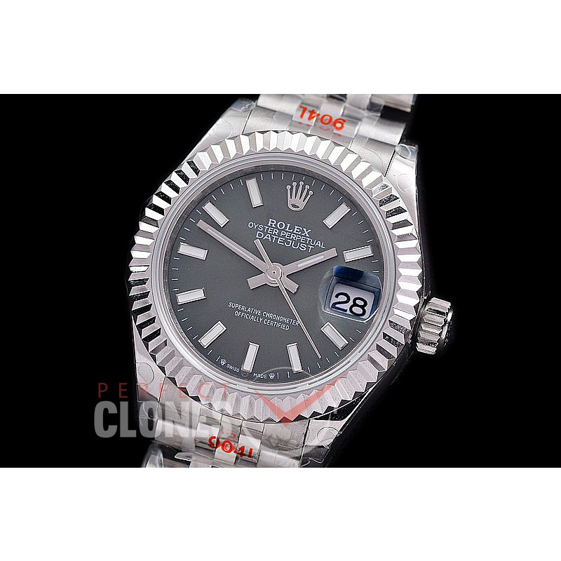 R28DJS-103J GMF 904L Steel Datejust 28mm Ladies 279174 SS/SS Fluted/Jubilee Dark Rhodium Grey Sticks Eta 2671