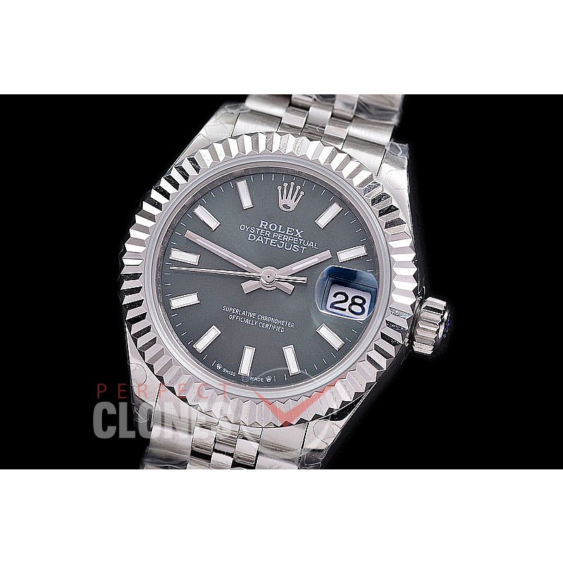R28DJS-403J BP Datejust 28mm Ladies 279174 SS/SS Fluted/Jubilee Dark Rhodium Grey Sticks Eta 2671