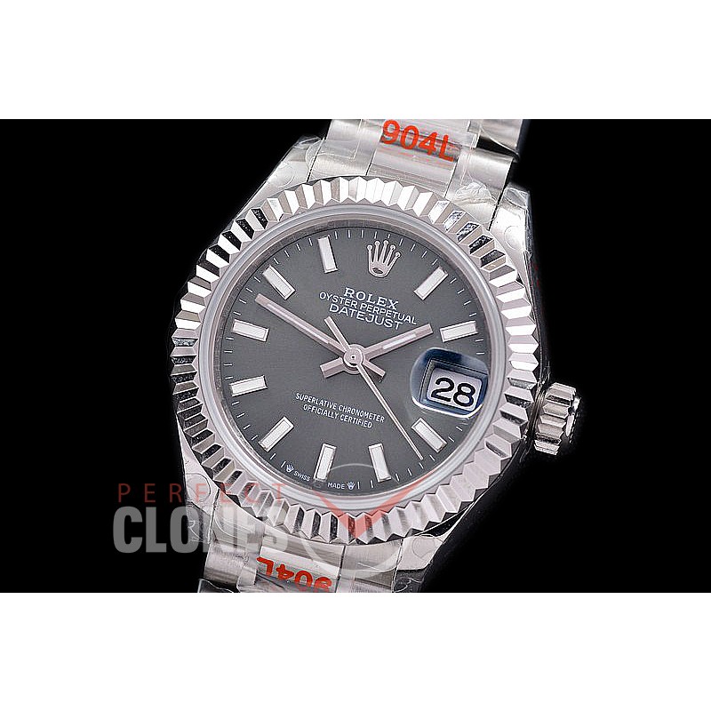 R28DJS-103P GMF 904L Steel Datejust 28mm Ladies 279166 SS/SS Fluted/President Dark Rhodium Grey Sticks Eta 2671