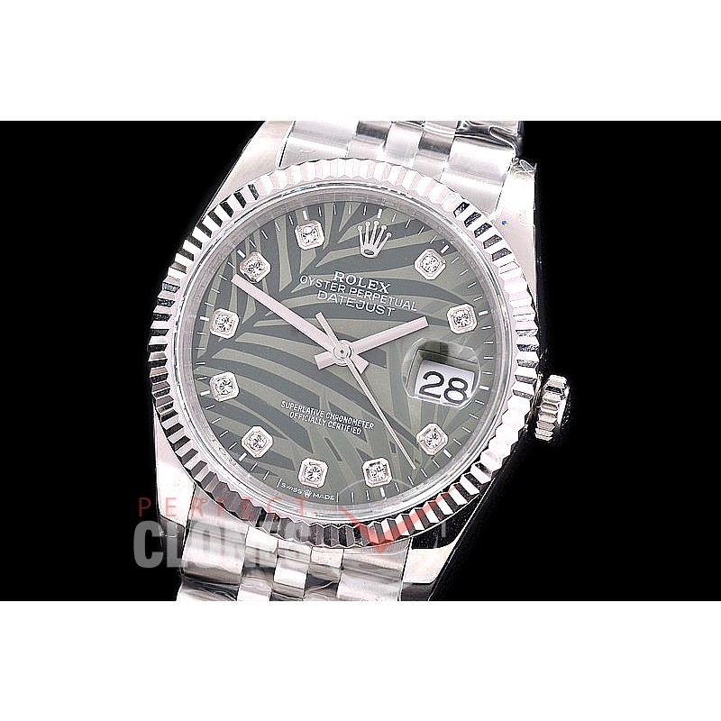 R36DJS-546 BP Datejust 36 126234 SS/SS Fluted/Jubilee 2021 Green Palm Motif Diamonds A-2824