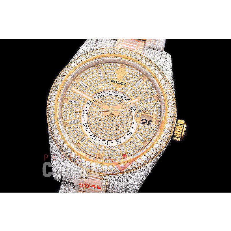 0 0 0 RSKDT00158 904L Steel 326933 SkyDweller Full Diamond Crested SS/YG Diamond Paved Sticks SA 9001 