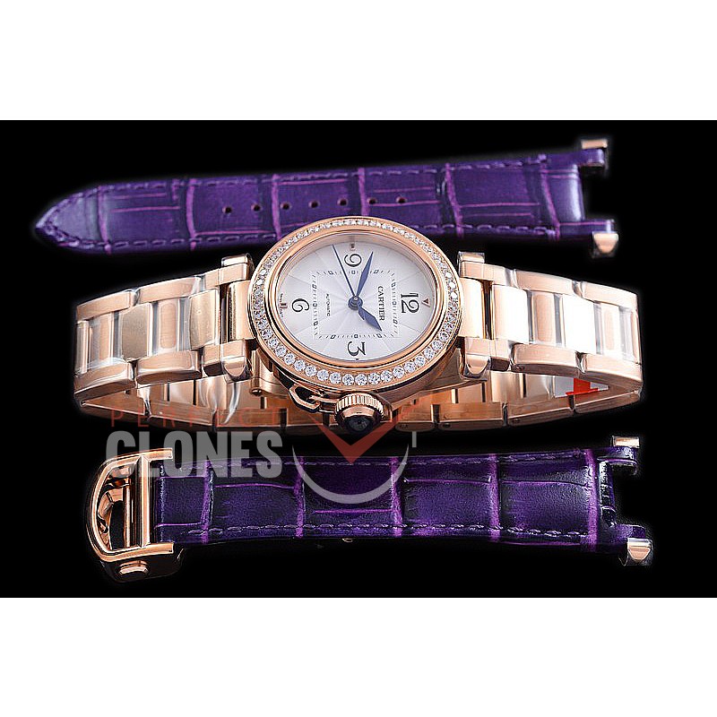 CARPS-35-061D BVF Pasha de Cartier Mid Ladies 35mm Automatic RG/RG White Miyota 9015 Mod to Calibre 1847MC - Free Leather Strap Bundle 