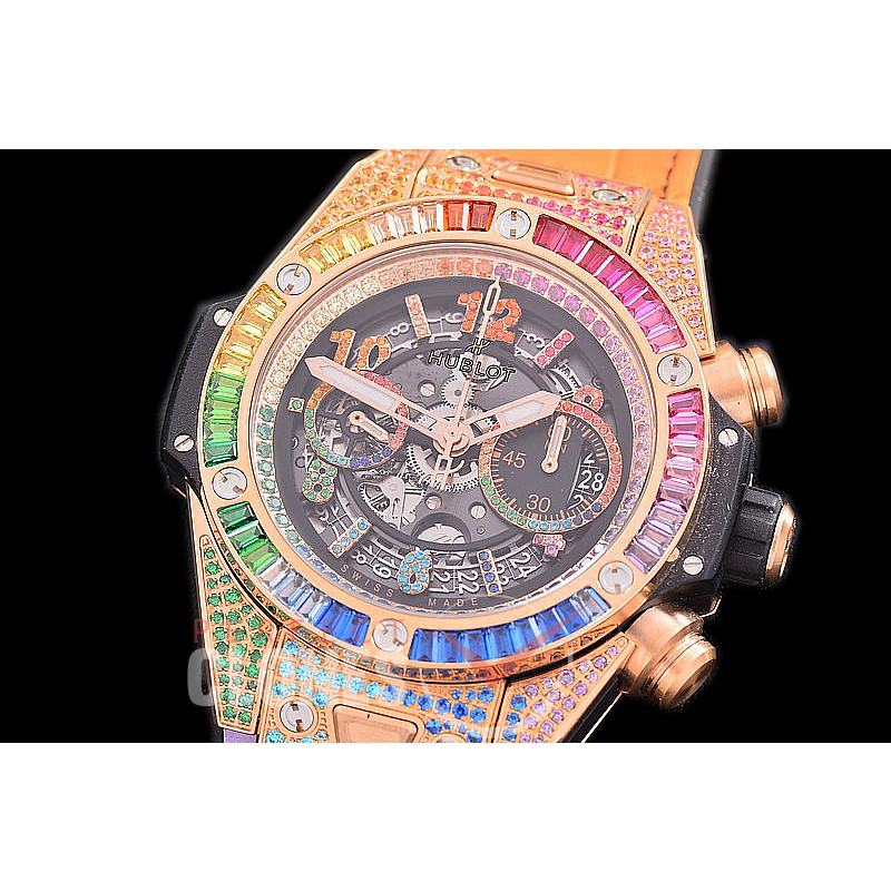 0 0 0 0 0 HB45-118D2 ZF Big Bang Unico Rainbow Bling RG/Diam/RU Black Skeleton A-7750