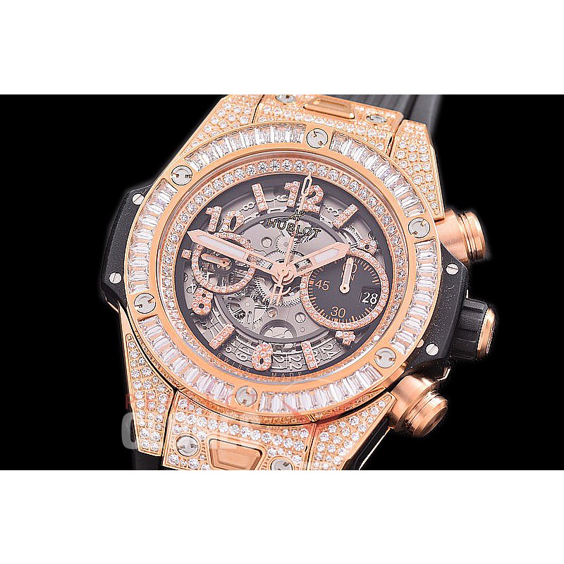 0 0 0 0 0 HB45-111D2 ZF Big Bang Unico Bling RG/Diam/RU Black Skeleton A-7750 