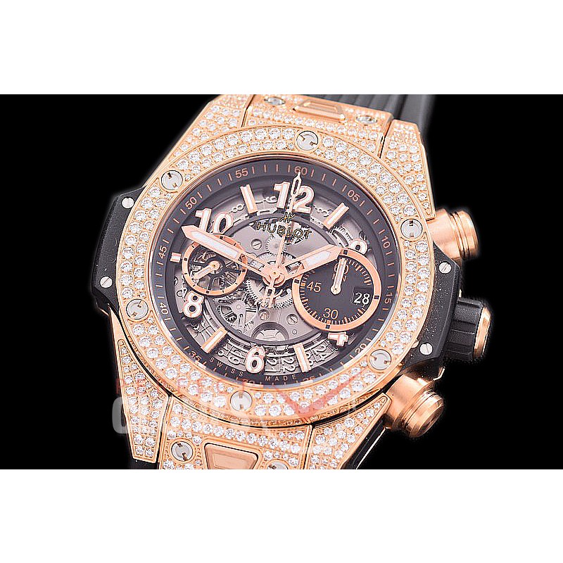 0 0 0 0 0 HB45-111D1 ZF Big Bang Unico Bling RG/Diam/RU Black Skeleton A-7750