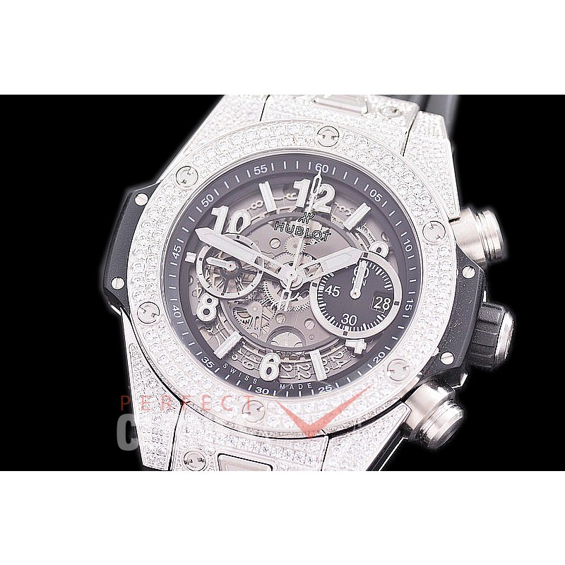 0 0 0 0 0 HB45-101D1 ZF Big Bang Unico Bling SS/Diam/RU Black Skeleton A-7750 