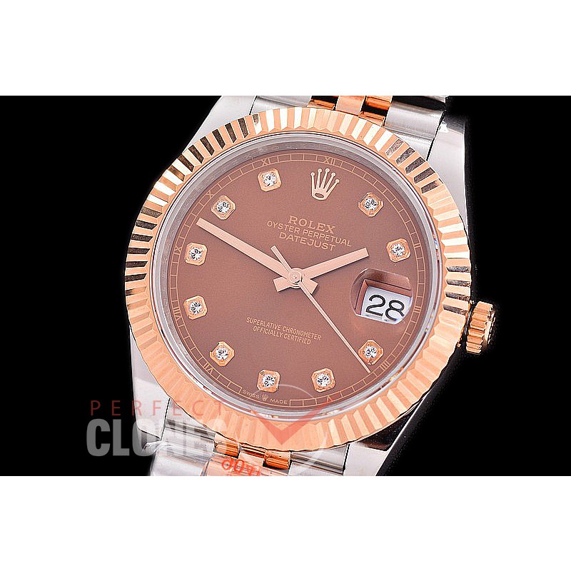 R41DJTR-3235-316 GMF 126331 SS/RG Fluted/Jubilee Brown Diam VR 3235 904L Steel / Extra Weighted Casework