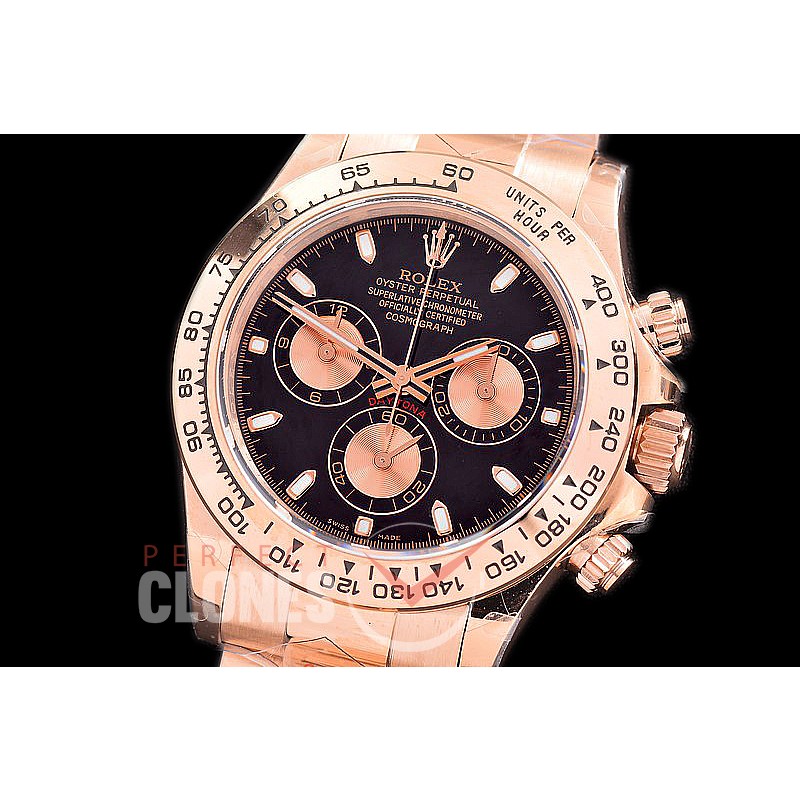 0 0 0 RLDFR-4130-842 QF V3 904L Steel Daytona 116505 RG/RG Black Sticks 4130 Superclone - 72 Hours Power Reserve Movement 