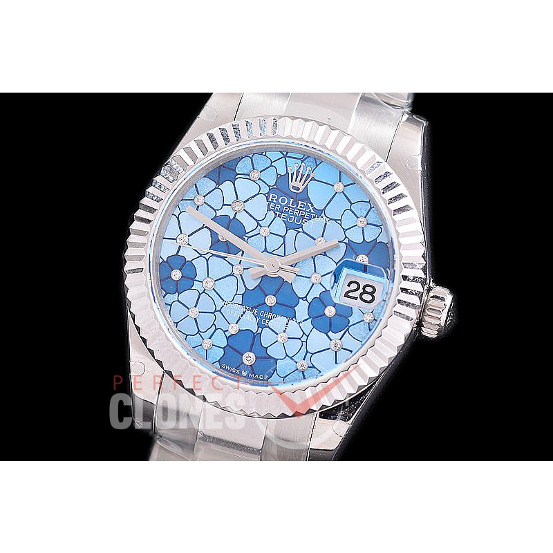 R31DJS-434 Datejust Midsize 278284 SS/SS Fluted/Oyster Blue Flora Diam Asian Clone 2824 