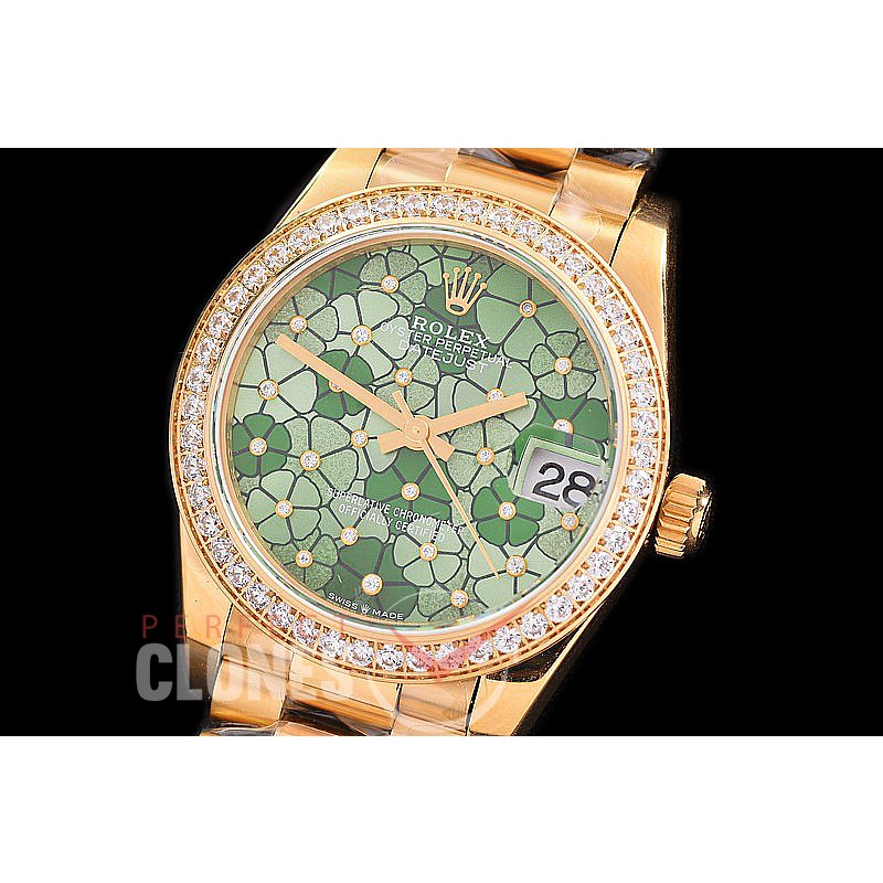 R31DJF-386 Datejust Midsize 278288RBR YG/YG Fluted/President Green Flora Diam Asian Clone 2824 