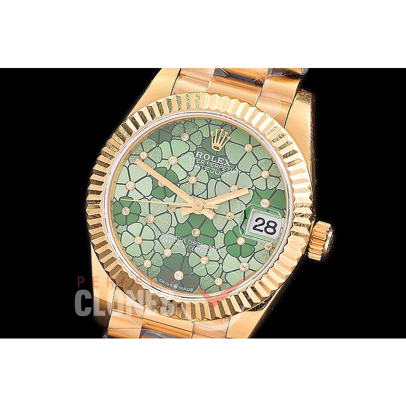 R31DJF-336 Datejust Midsize 278288 YG/YG Fluted/President Green Flora Diam Asian Clone 2824 