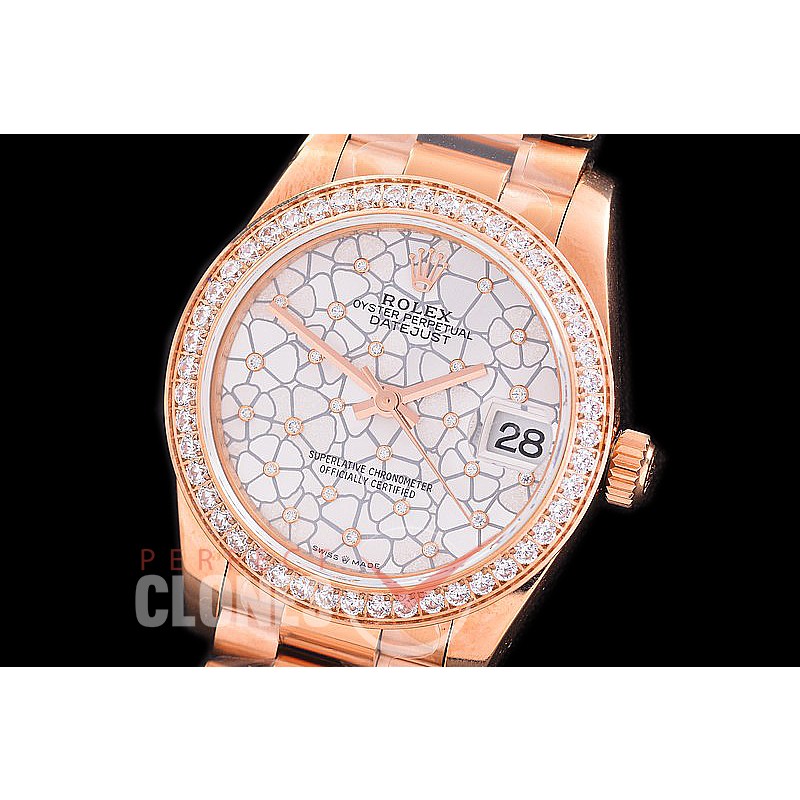 R31DJR-381 Datejust Midsize 278288RBR RG/RG Fluted/President Silver Flora Diam Asian Clone 2824 