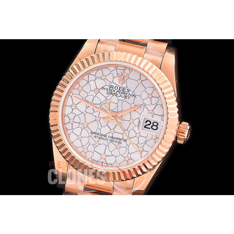 R31DJR-331 Datejust Midsize 278285 RG/RG Fluted/President Silver Flora Diam Asian Clone 2824 