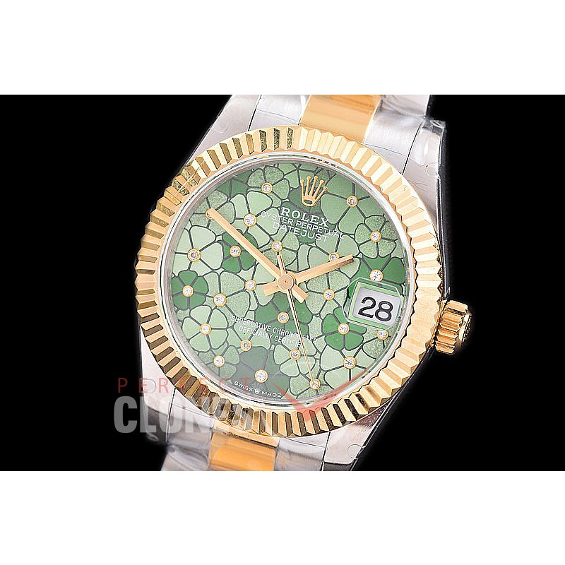 R31DJT-436 Datejust Midsize 278283 SS/YG Fluted/Oyster Green Flora Diam Asian Clone 2824 