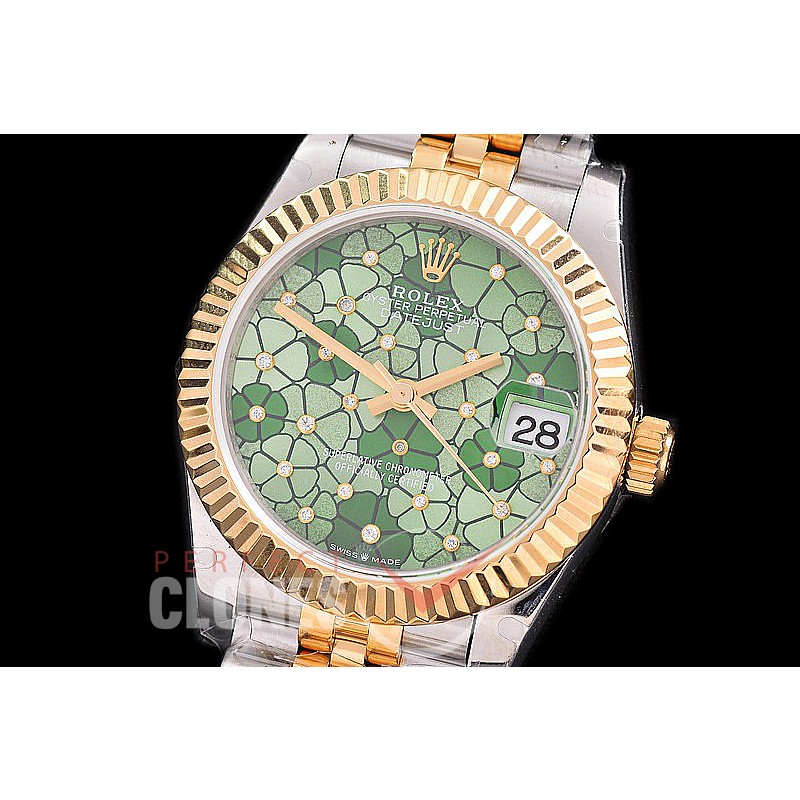 R31DJT-436J Datejust Midsize 278283 SS/YG Fluted/Jubilee Green Flora Diam Asian Clone 2824 