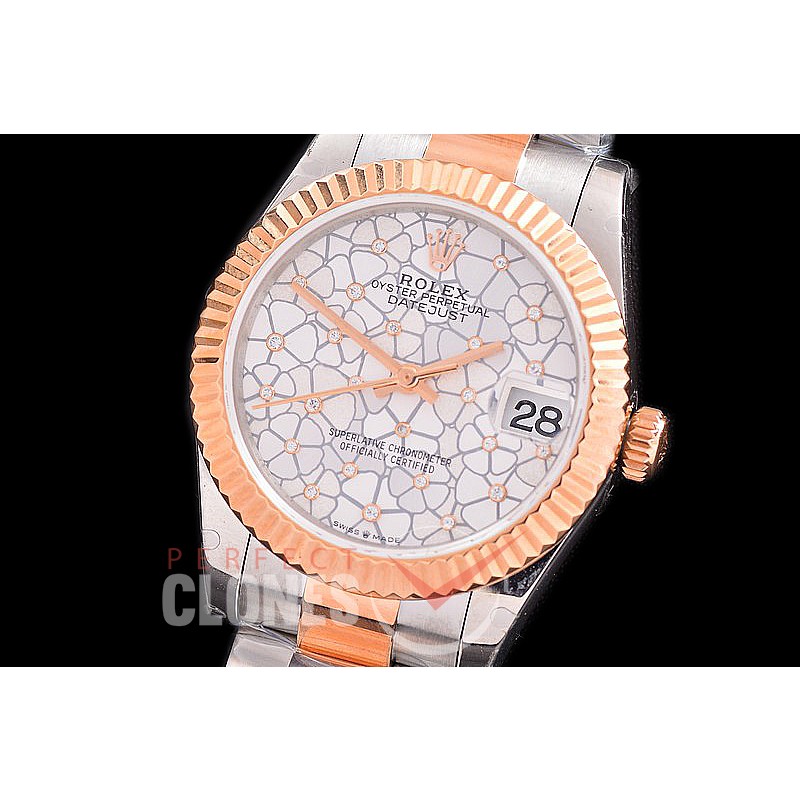 R31DJTR-431 Datejust Midsize 278285 SS/RG Fluted/Oyster Silver Flora Diam Asian Clone 2824 