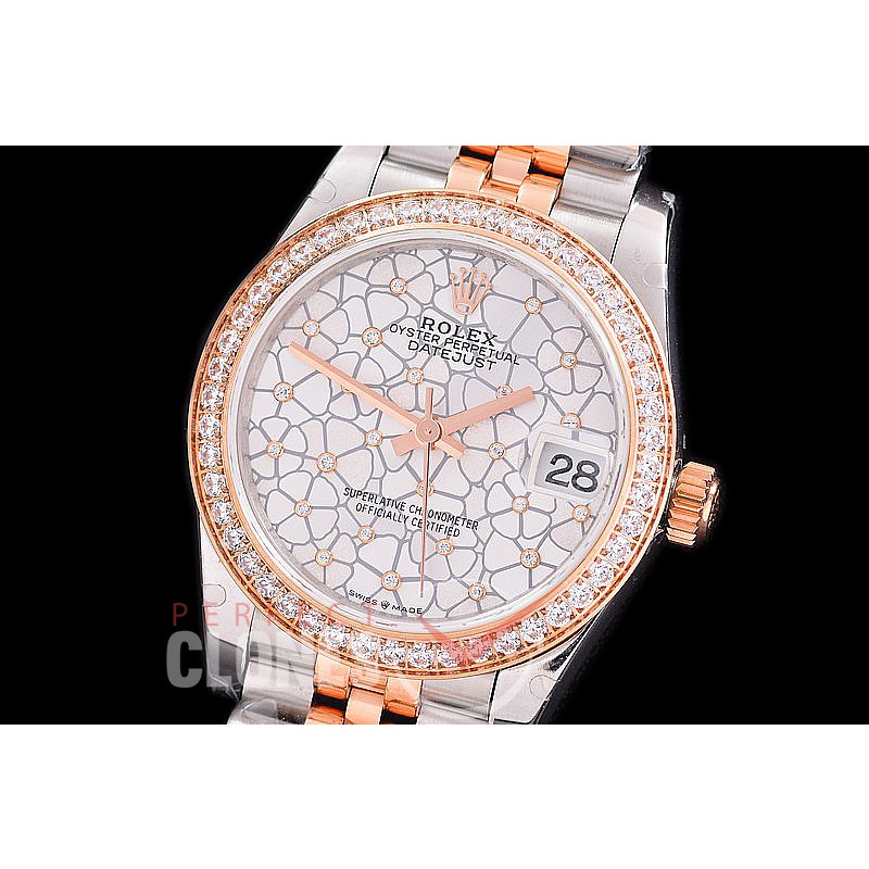 R31DJTR-481J Datejust Midsize 278285RBR SS/RG Diam/Jubilee Silver Flora Diam Asian Clone 2824 