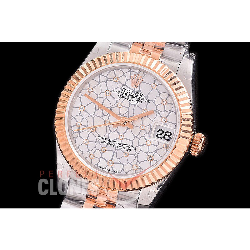 R31DJTR-431J Datejust Midsize 278285 SS/RG Fluted/Jubilee Silver Flora Diam Asian Clone 2824 
