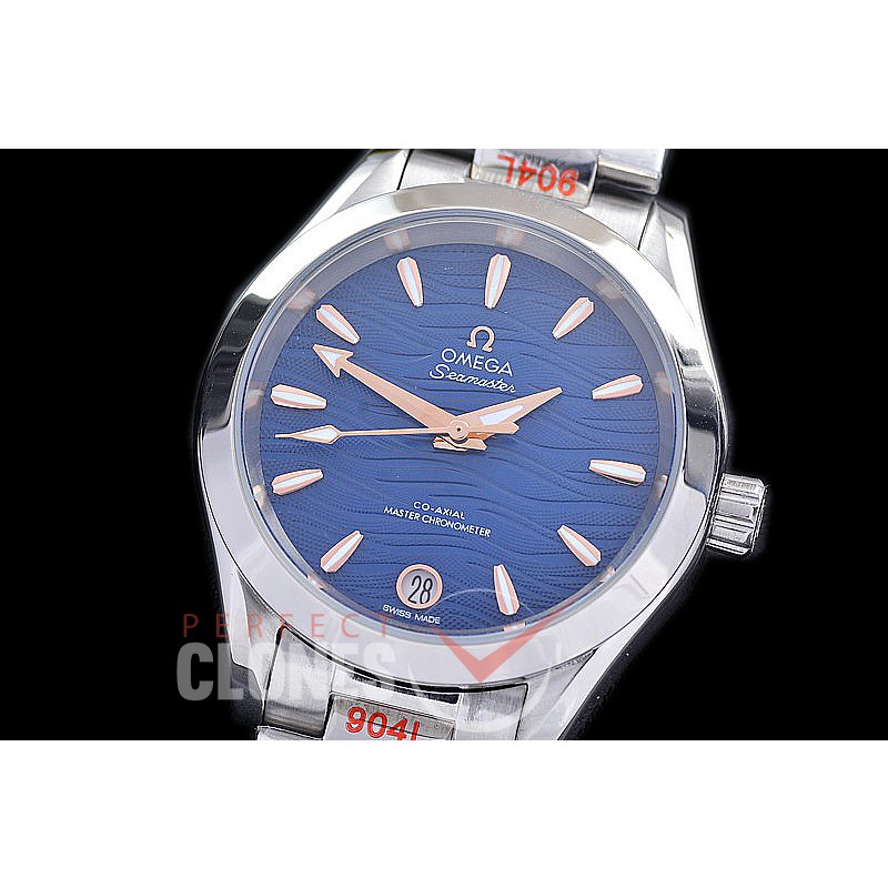 OMAT34-912 Ladies 34mm Aqua Terra Date Master Co-Axial Automtaic SS/SS Blue Wavy Sticks A-2813/Mod 8800