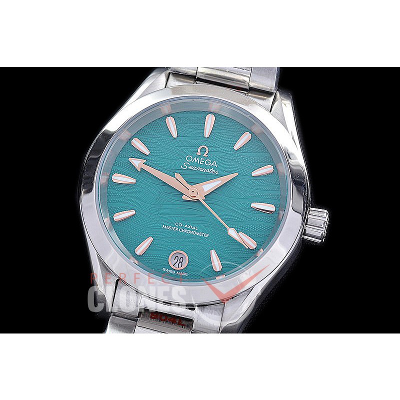 OMAT34-913 Ladies 34mm Aqua Terra Date Master Co-Axial Automtaic SS/SS Green Wavy Sticks A-2813/Mod 8800