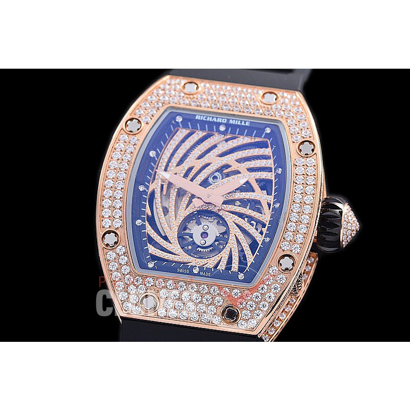 0 0 0 0 0 RM051-062D HHWF RM051 Tourbillon Diamond Twister RG/RU Skeletonized Asian Custom Calibre Black Rubber Strap 