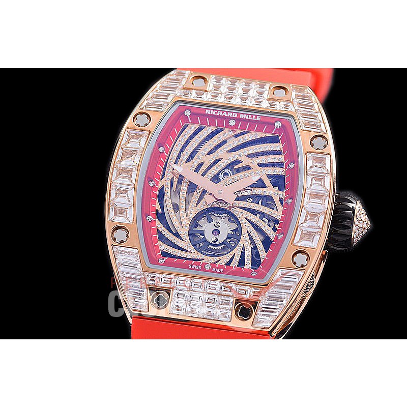 0 0 0 0 0 RM051-063D1 HHWF RM051 Tourbillon Diamond Twister RG/RU Skeletonized Asian Custom Calibre Red Rubber Strap 