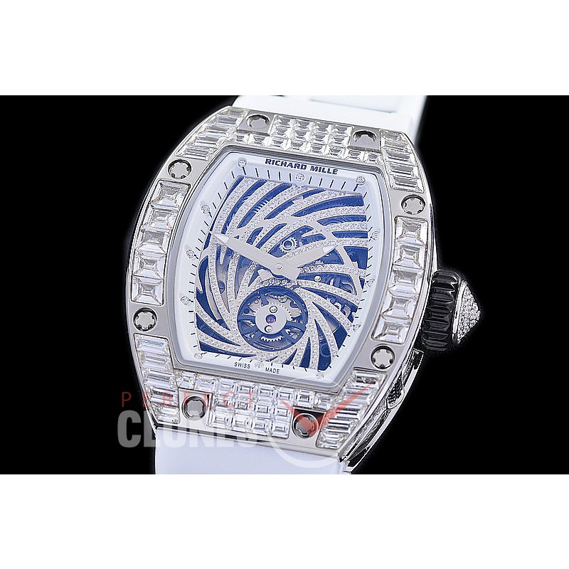 0 0 0 0 0 RM051-051D1 HHWF RM051 Tourbillon Diamond Twister SS/RU Skeletonized Asian Custom Calibre White Rubber Strap 