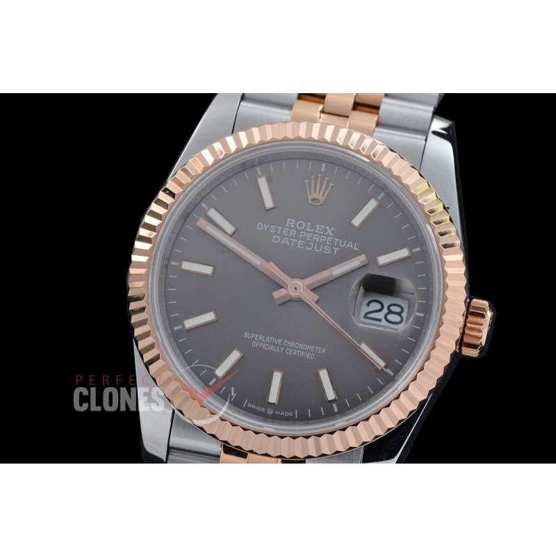 0 0 0 0 0 R36DJTR-DD3235-103 QF Datejust 36 Men 126231 904 Steel SS/RG Fluted/Jubilee Dark Rhodium Grey Sticks DD 3235 - 72 Hours Power Reserve 