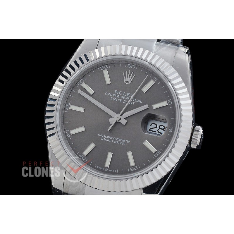 R41DJS-DD3235FS-003 QF 126334 SS/SS Fluted/Oyster Dark Rhodium Grey Sticks DD 3235 Free Sprung 904L Steel / Extra Weighted Casework - 72 Hours Reserve 