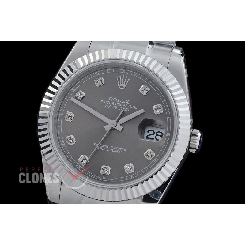 R41DJS-DD3235FS-013 QF 126334 SS/SS Fluted/Oyster Dark Rhodium Grey DD 3235 Free Sprung 904L Steel / Extra Weighted Casework - 72 Hours Reserve 