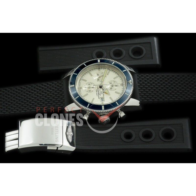 0 0 BLSF-HC46-082R OMF Superocean Heritage Chronograph SS/RU White/BlueA-7750 - Free Ocean Diver Strap with Diver Extension Clasp 