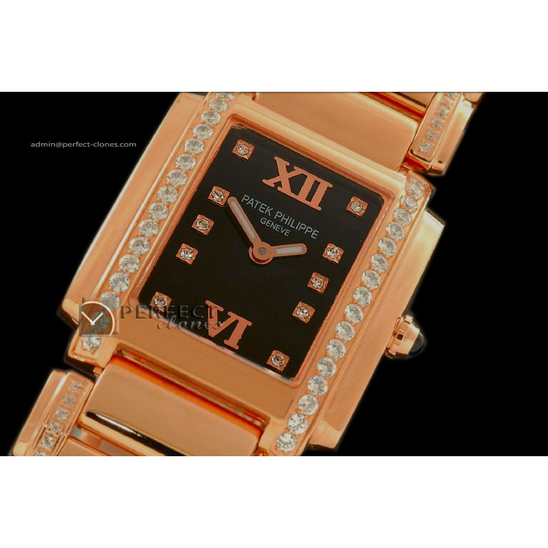 PP01039 Ladies 24 Hours Double/Band Diamonds RG Black Swiss Qtz