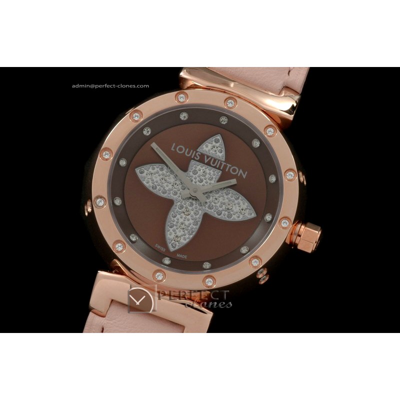 LV01032 Tambour Ladies Lovely Diamonds RG Brown Dial Swiss Quart