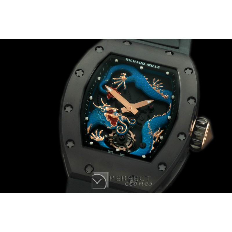 RM057-12Dragon Tourbillon PVD/RU Black/Blue Asian 21J Deco