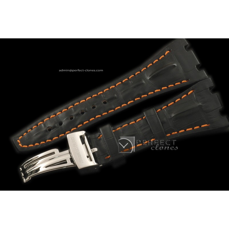 APA10005 Black Horn Back Leather Strap Orange Stitch c/w Clasp F