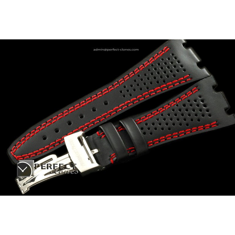 APA10009 Black Preforated Leather Red Stitch Strap c/w Clasp