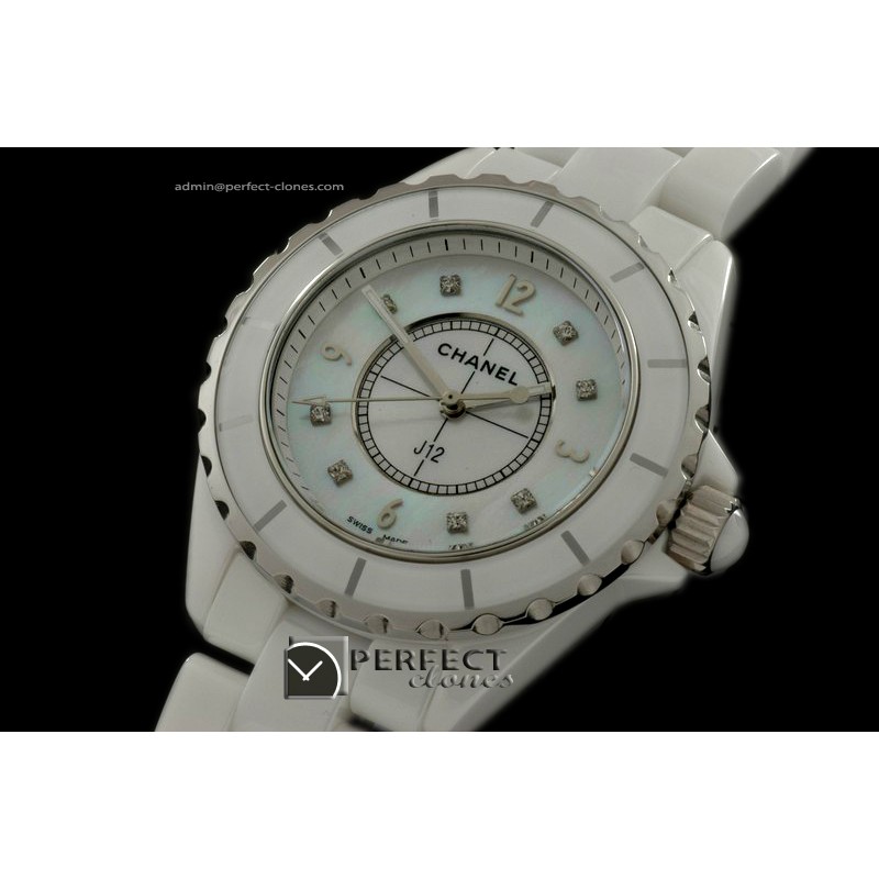 CHA01007 J12 Men White Ceramic MOP White Diam Jap Quartz