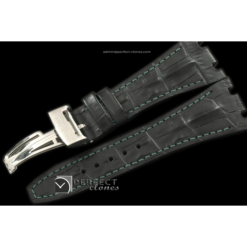 APA10011 Black Horn Back Leather Strap Green Stitch c/w Clasp