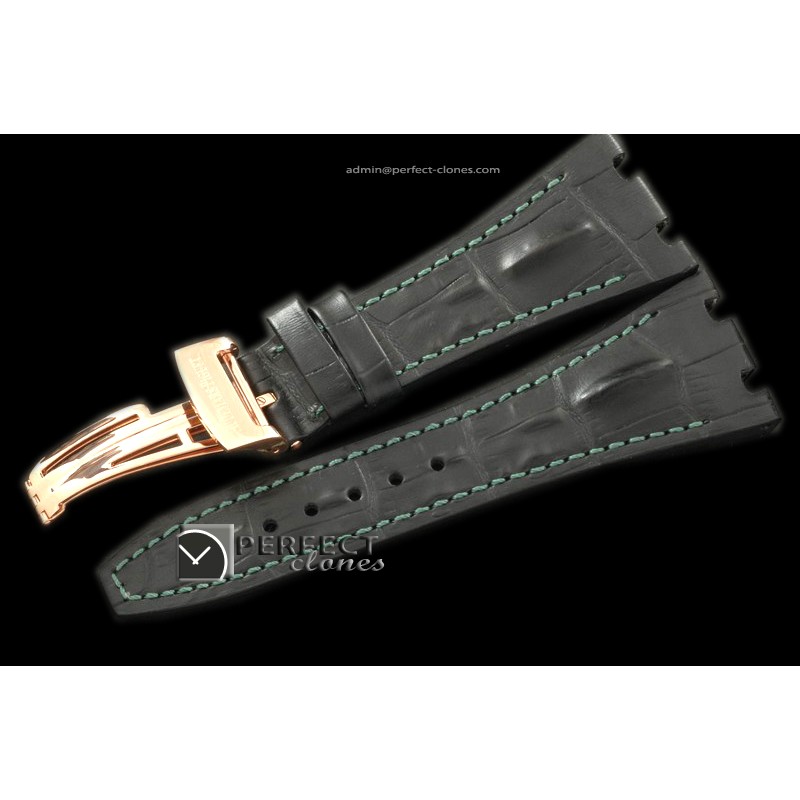 APA10012 Black Horn Back Leather Strap Green Stitch c/w RG Clasp