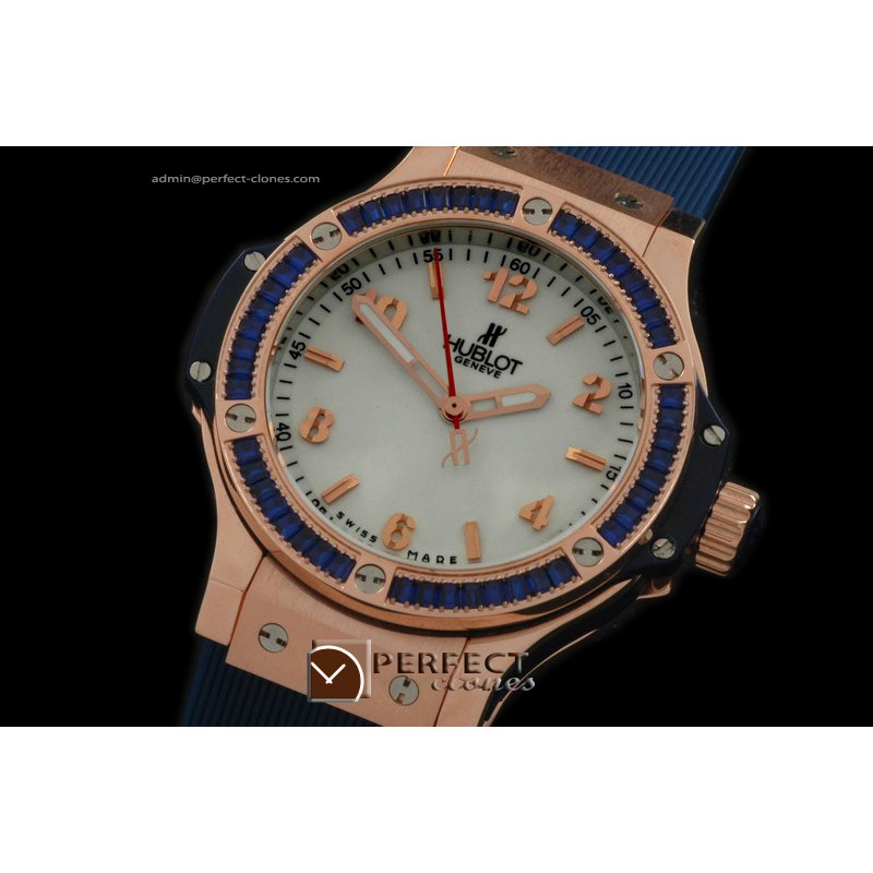 HB38-01058 Big Bang 38mm RG/Blue/Sq Rub/RU Aspen White Swiss Qtz