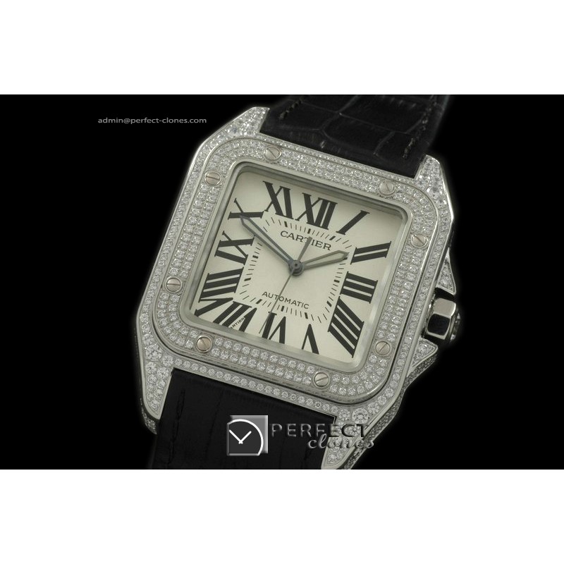 CARS00092BK Santos 10Men SS/Diam/LE White Asian 2824 Ul