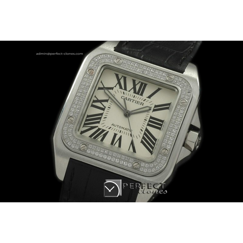 CARS00090BK Santos 10Men SS/Diam/LE White Asian 2824 Ul