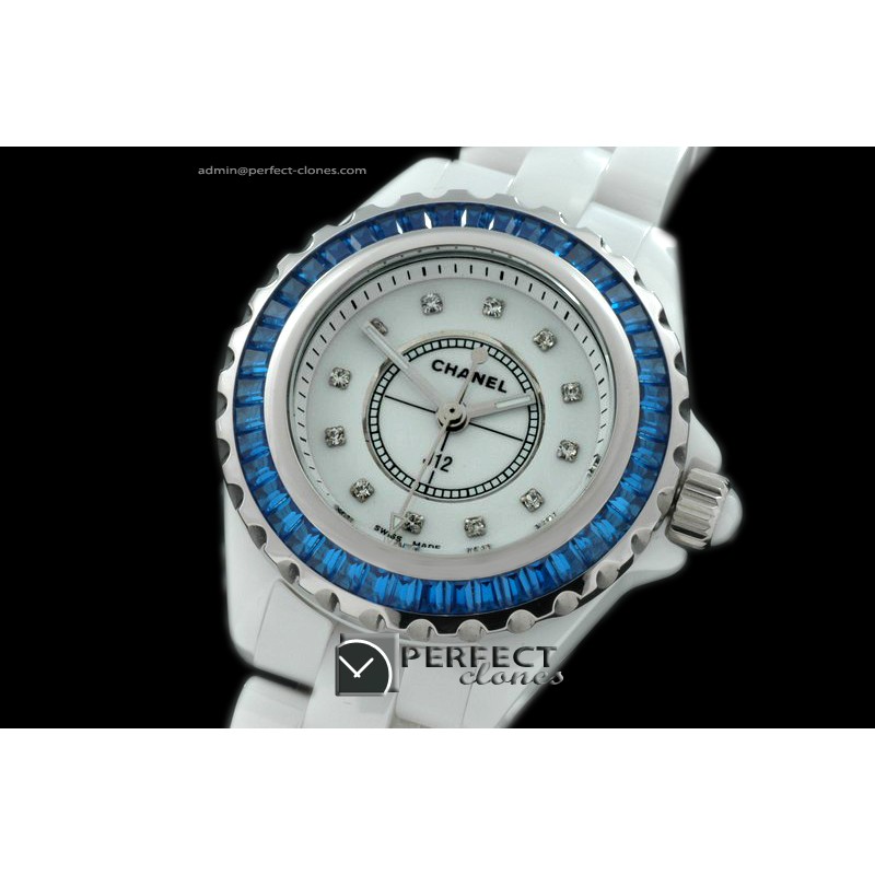 CHA-MI-1006 J12 Mini White Ceramic Sq/Blue Japanese Quartz/Boxs